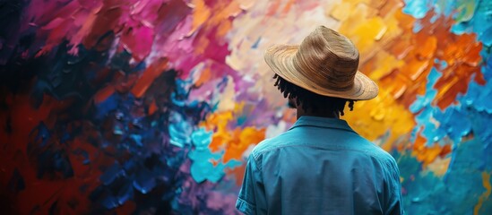 Person in straw hat admiring vibrant abstract painting with colorful brush strokes
