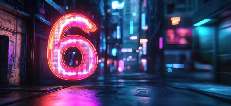 Neon Number 6 Illuminating Urban Alleyway at Night with Vibrant Colors - Powered by Adobe