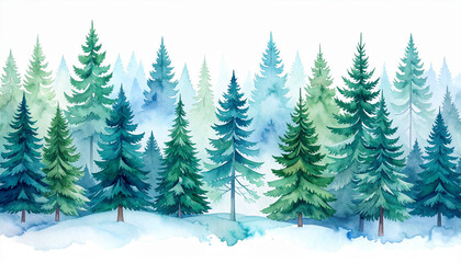 Obraz premium the scene depicts a row of evergreen trees arranged to form a dense woodland. the trees vary in shades of green and blue, with some appearing more vivid and others fading into a misty backdrop