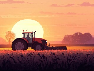 Fototapeta premium Farm tractor at sunset