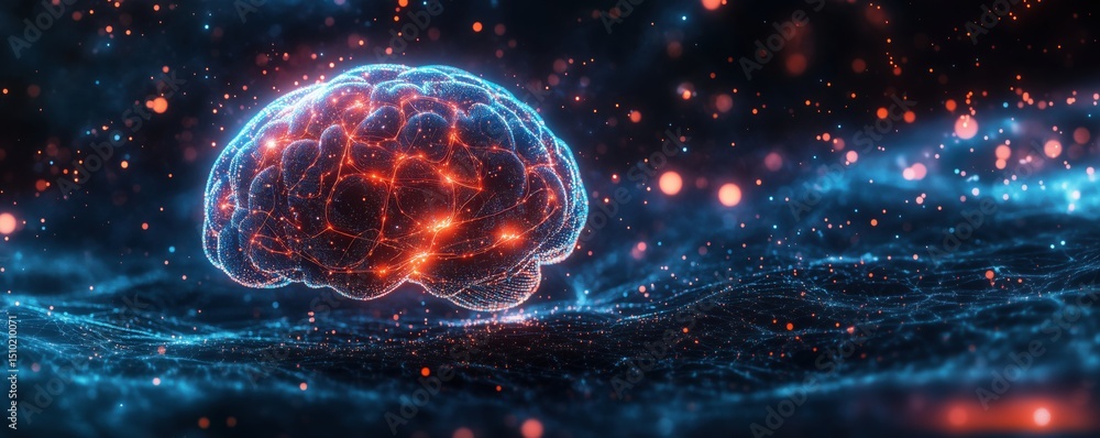 Poster digital brain illustration with glowing neural connections and abstract background