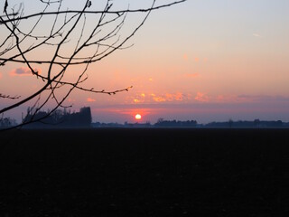 Sunset in Volano, a town in the province of Ferrara. Po Valley, Po Delta, Northern Italy.