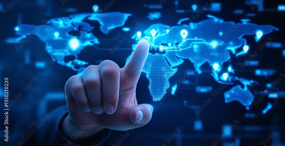Poster human hand pointing at glowing digital world map with location markers in futuristic user interface 