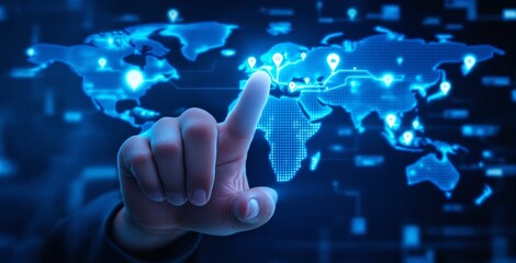 Human hand pointing at glowing digital world map with location markers in futuristic user interface style on dark background, concept of global business. Ai generative