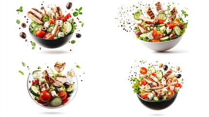 Four vibrant images showcase variations of a Greek salad with grilled chicken, featuring a dynamic composition of suspended ingredients like olives, 