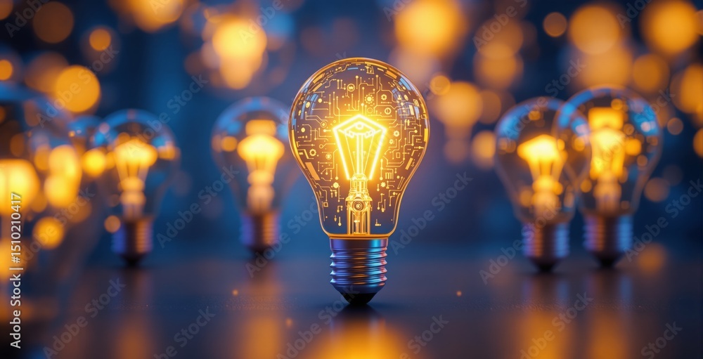 Aufkleber bright light bulbs with circuitry patterns in a digital art style on a soft blue background with glo