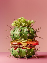 A creatively designed hamburger shaped like a cactus, combining fun food art with a touch of desert-inspired imagination.