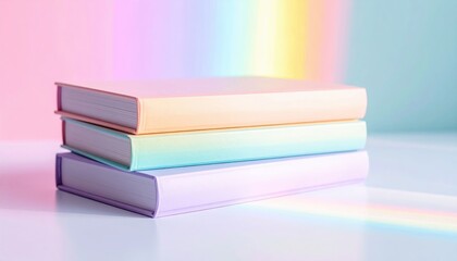 Fototapeta premium Stacked Pastel Colored Books With Rainbow Light