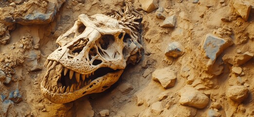 Tyrannosaurus rex skull fossil embedded in rocky terrain with detailed textures