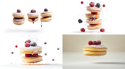 Four images showcasing miniature pancakes stacked with jam and fresh berries, levitating against white and beige backgrounds, dusted with powdered sugar; berries are scattered in mid-air