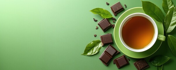 Tea and chocolate pairing on green background with fresh leaves and chocolate pieces