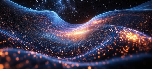 Abstract digital landscape with glowing particles and cosmic background