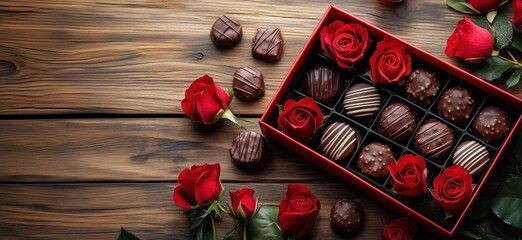 Elegant chocolate box with red roses on wooden table for romantic occasions