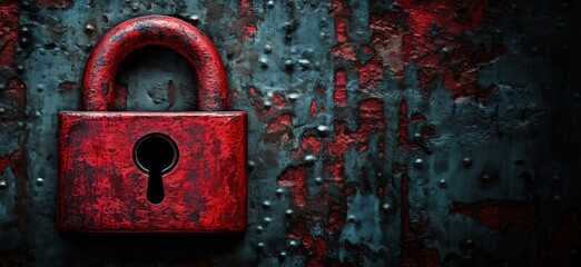Red padlock on textured blue and red background with keyhole detail