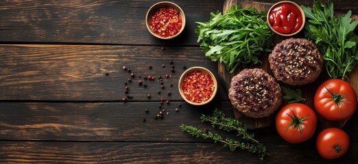 Freshly prepared burger patties with tomatoes, arugula, and spices on wooden table