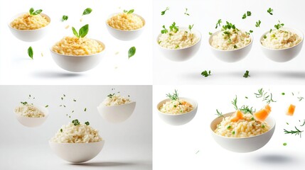 Four white bowls of rice, garnished with herbs and vegetables, levitating against a white background