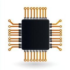 Black Microchip with Gold Connectors on White Background