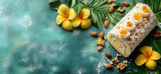 Delicious coconut roll cake decorated with flowers and nuts on tropical background