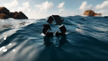Recycling symbol floating on ocean water with rocky islands, waves, and cloudy sky, conveying environmental awareness, sustainability, and hope