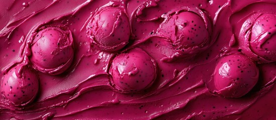 Vibrant raspberry sorbet scoops on smooth pink background with black specks
