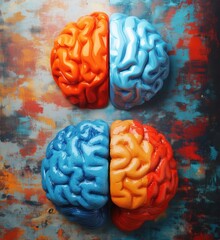 Colorful brain sculpture representing creativity and logic with vibrant orange and blue halves