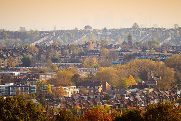 View of London suburbs seen from Alexandra Palace during autumn, England