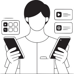 Person holding two smartphones with app icons floating around them