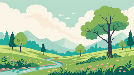 Fototapeta premium Serene Spring Landscape: Green Hills, River, Mountains