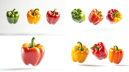 A studio shot showcasing eight vibrant bell peppers; green, yellow, and red, individually and in groups, against a clean white backdrop, exhibiting their glossy texture and fresh appearance