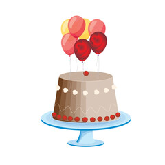 Colorful watercolor birthday celebration card with cake and balloons