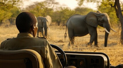 Safari guide observing elephants in their habitat from the vehicle with trees