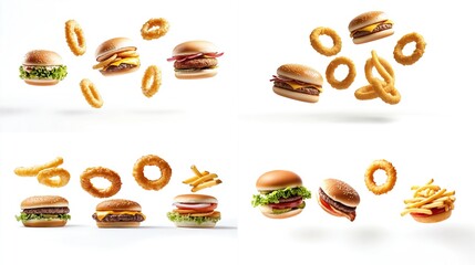 Four quadrants showcasing levitating cheeseburgers and onion rings, some with fries, against a bright white backdrop; appetizing food photography