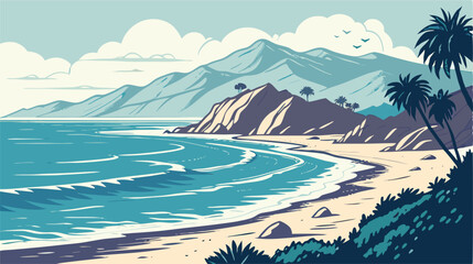 Coastal Beach Scene Illustration: Mountains, Ocean Waves, and Palm Trees