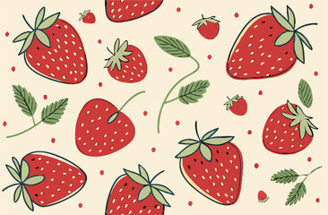 Strawberry Pattern Background: Red Berries, Leaves, Seamless Design