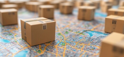 Delivery logistics concept with cardboard boxes on city map background