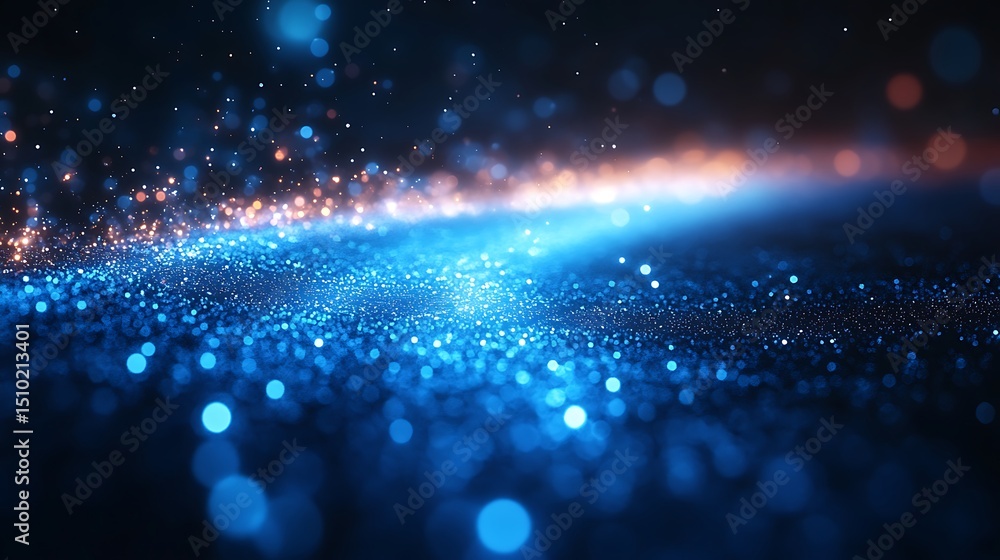 Poster abstract background of glittering blue particles with bokeh effect, high resolution image.