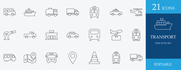 Transport line icon set featuring car, train, ship, bus, taxi, truck, airplane, delivery, station, travel, and mobility symbols. Perfect for public transport design