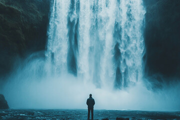 Obraz premium Man standing at the base of a giant waterfall