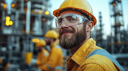 Smiling engineer at refinery with workers in background