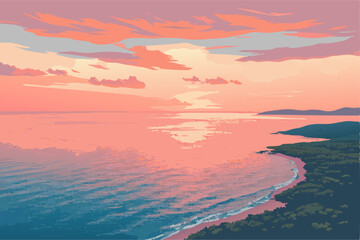 Peaceful Pink Sunset Over Ocean Beach Landscape