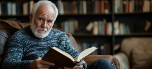Elderly man reading book in cozy library setting with bookshelves in background