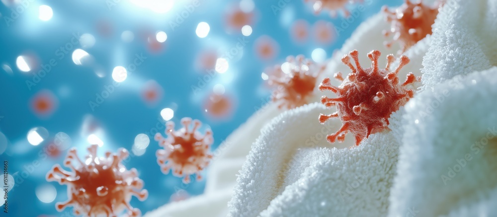 Poster 3d rendering of coronavirus particles on soft fabric background with bokeh effect