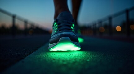 Runner wearing glowing sneakers on pavement during evening walk  