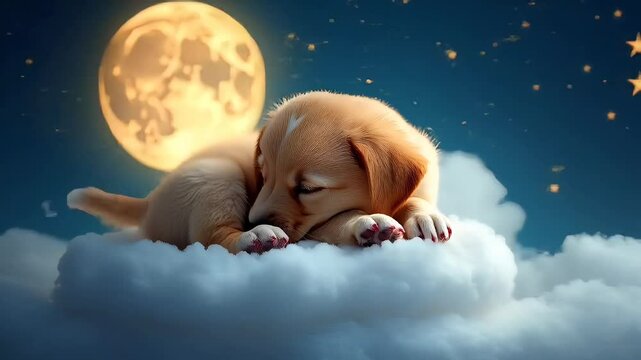 Cute puppy sleeping on fluffy cloud under moon
