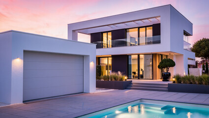 Sleek modern luxury home with illuminated pool and warm interior lights at dusk, showcasing...