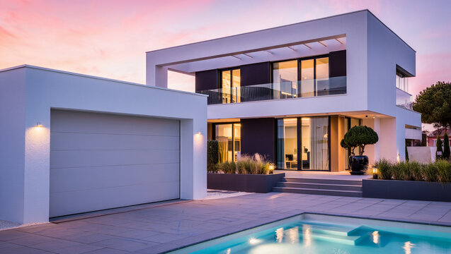 Sleek modern luxury home with illuminated pool and warm interior lights at dusk, showcasing minimalist architecture and elegant lifestyle.
