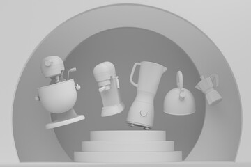 Abstract scene or podium with kitchen appliances and utensils on monochrome.