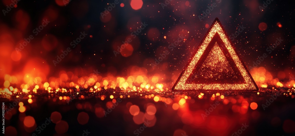 Poster glowing red triangle symbol surrounded by sparkling bokeh lights in dark background