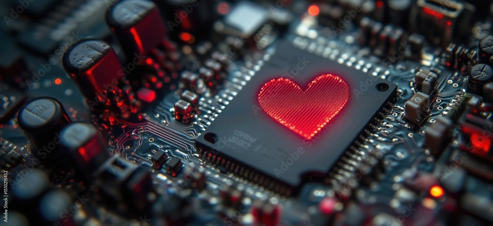 Poster heart symbol illuminated on microchip circuit board with red glow and electronic components