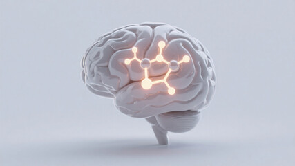 Softly lit serotonin molecular form inside a glass-like human brain, shown in futuristic minimal 3D style on a pale background